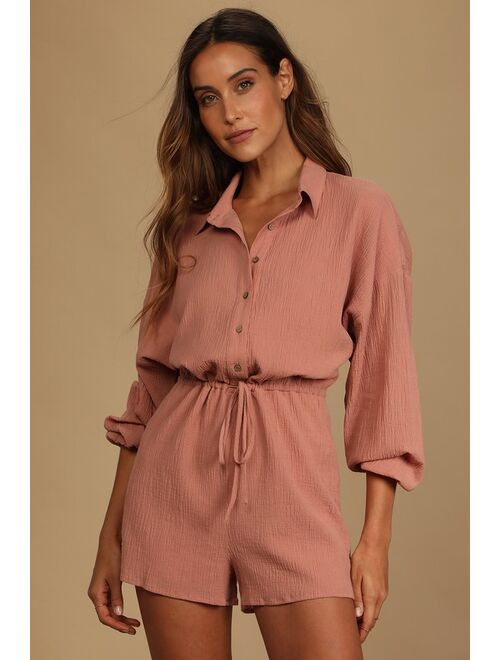 Lulus Day to Day Chic Blush Pink Drawstring Long Sleeve Romper