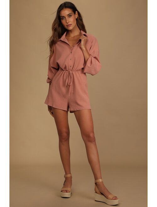 Lulus Day to Day Chic Blush Pink Drawstring Long Sleeve Romper