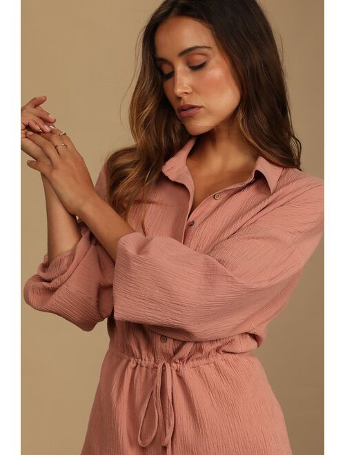 Lulus Day to Day Chic Blush Pink Drawstring Long Sleeve Romper