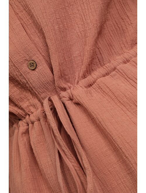 Lulus Day to Day Chic Blush Pink Drawstring Long Sleeve Romper