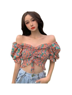 New Women Floral Print Blouses Summer Sweet Short Sleeve Ladies Slash Neck Shirt 2020 Female Tops