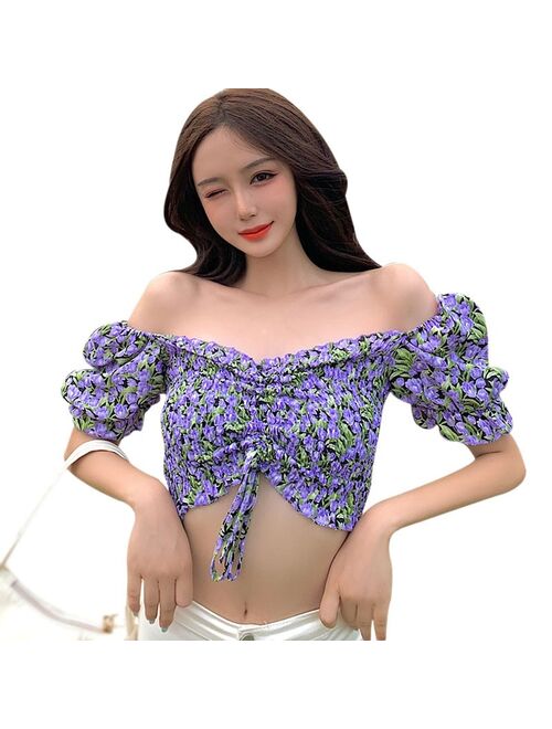 New Women Floral Print Blouses Summer Sweet Short Sleeve Ladies Slash Neck Shirt 2020 Female Tops