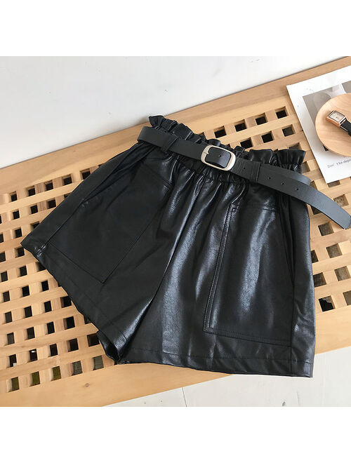 Women Leather Shorts with Belt Front Pocket Fall Winter Faux Wide Leg High Waist Shorts Khaki Outfit