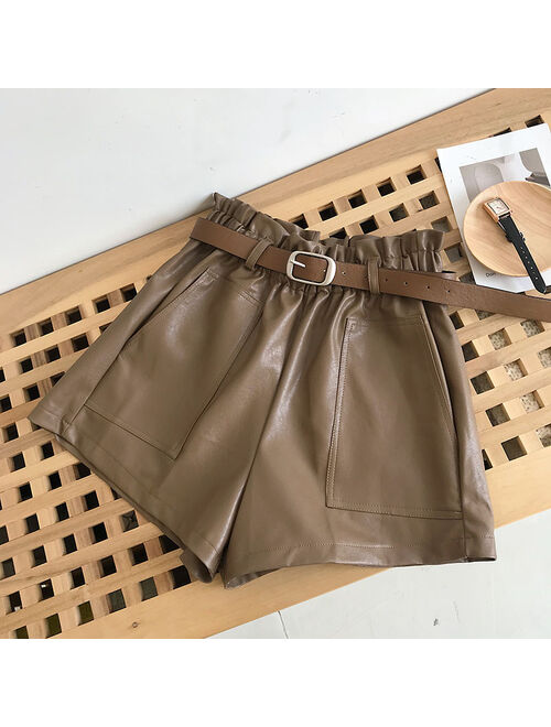 Women Leather Shorts with Belt Front Pocket Fall Winter Faux Wide Leg High Waist Shorts Khaki Outfit