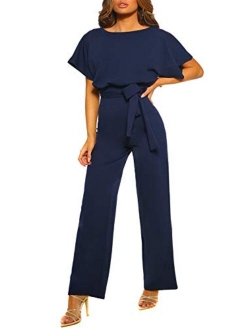 Happy Sailed Women Casual Loose Short Sleeve Belted Wide Leg Pant Romper Jumpsuits