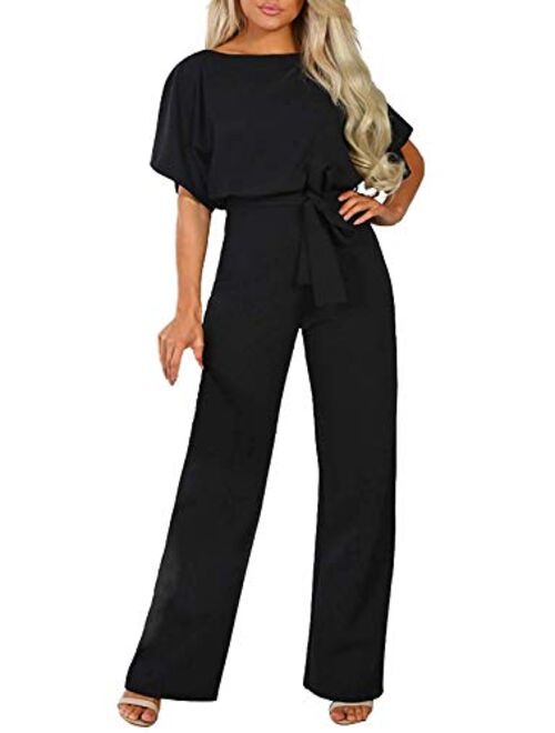 Happy Sailed Women Casual Loose Short Sleeve Belted Wide Leg Pant Romper Jumpsuits