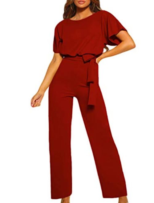 Happy Sailed Women Casual Loose Short Sleeve Belted Wide Leg Pant Romper Jumpsuits