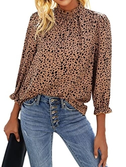 Avanova Women's Leopard Printed Ruffle Hem Long Sleeve Mock Neck Blouses Top