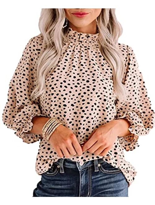 Avanova Women's Leopard Printed Ruffle Hem Long Sleeve Mock Neck Blouses Top