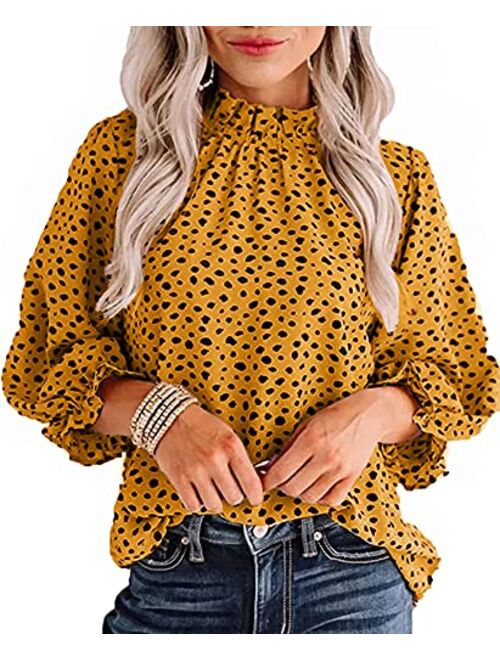 Avanova Women's Leopard Printed Ruffle Hem Long Sleeve Mock Neck Blouses Top