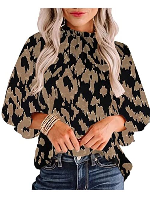 Avanova Women's Leopard Printed Ruffle Hem Long Sleeve Mock Neck Blouses Top