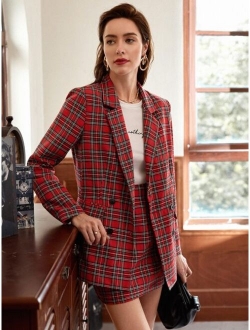 Notched Collar Double Breasted Tartan Blazer & Skirt Set