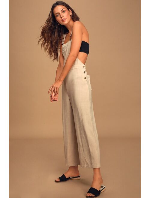 Lulus Break Even Beige Wide-Leg Overalls