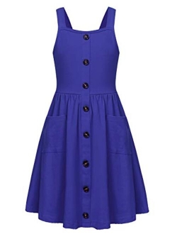 Girl's Summer Sundress Spaghetti Strap Button Down Midi Dress with Pockets