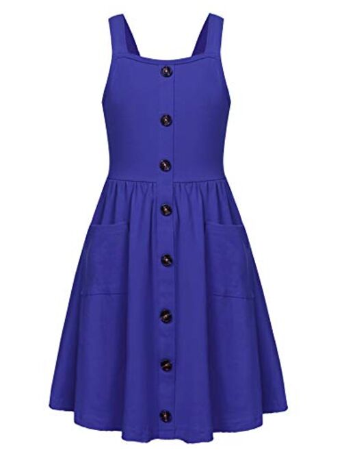 Arshiner Girl's Summer Sundress Spaghetti Strap Button Down Midi Dress with Pockets