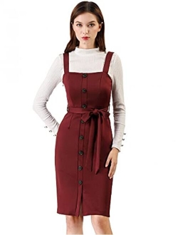 Women's Pinafore Button Decor Strap Sheath Stretchy Jumper Suspender Overall Dress