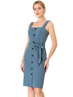 Women's Pinafore Button Decor Strap Sheath Stretchy Jumper Suspender Overall Dress