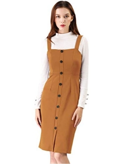 Women's Pinafore Button Decor Strap Sheath Stretchy Jumper Suspender Overall Dress