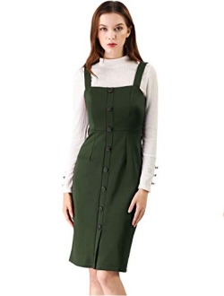 Women's Pinafore Button Decor Strap Sheath Stretchy Jumper Suspender Overall Dress