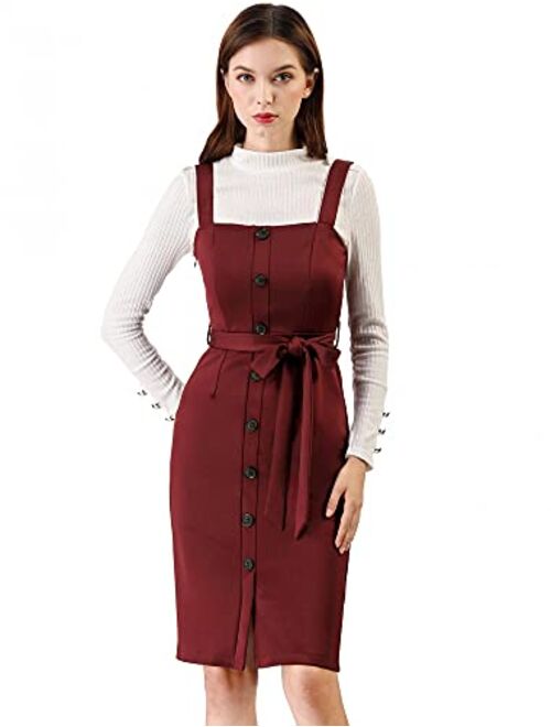 Allegra K Women's Pinafore Button Decor Strap Sheath Stretchy Jumper Suspender Overall Dress