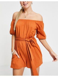 off shoulder tie waist romper in rust