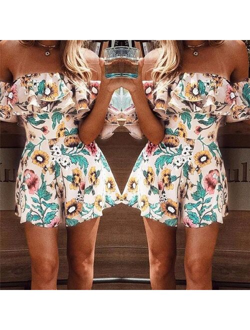 2019 Summer Short Jumpsuits Overall For Women New Lady Floral Printed Playsuit Jumpsuit Beach Summer Off Shoulder Ruffle Romper