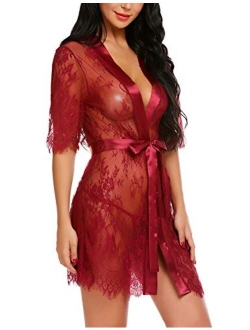 Women Kimono Robe Floral Lace Babydoll Lingerie Sheer Mesh Nightgown