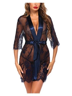 Women Kimono Robe Floral Lace Babydoll Lingerie Sheer Mesh Nightgown