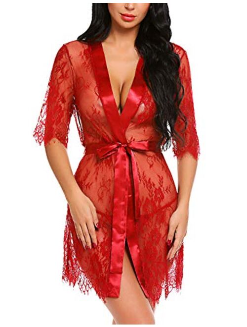 Avidlove Women Kimono Robe Floral Lace Babydoll Lingerie Sheer Mesh Nightgown