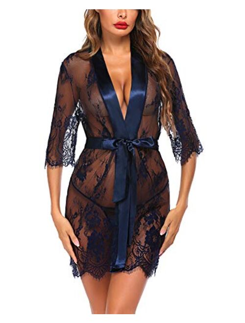 Avidlove Women Kimono Robe Floral Lace Babydoll Lingerie Sheer Mesh Nightgown