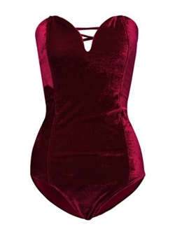 Choies Women's Burgundy/Black Sexy Plunge Neck Strapless Cross Back Velvet Bodysuit