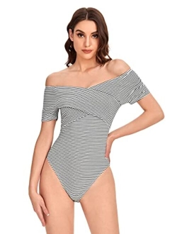 Women's Criss Cross Striped Wrap Off The Shoulder Skinny Elegant Bodysuit