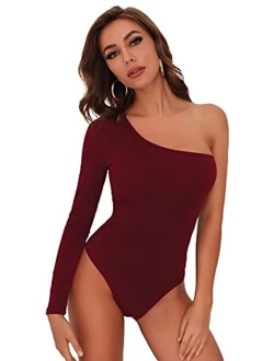 Women One Shoulder Long Sleeve Bodysuit Asymmetrical Neck Unitard Shapewear