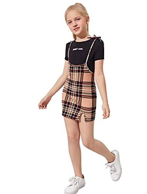 Romwe Girl's Cute Plaid Tie Strap Overall Dress Split Hem Pinafore Dress