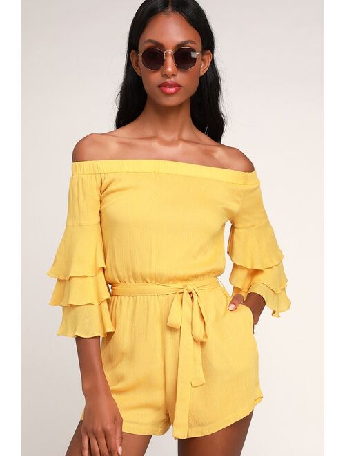 Lulus Santa Ana Yellow Off-the-Shoulder Flounce Sleeve Romper