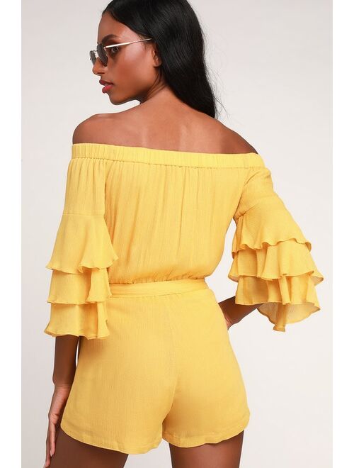 Lulus Santa Ana Yellow Off-the-Shoulder Flounce Sleeve Romper