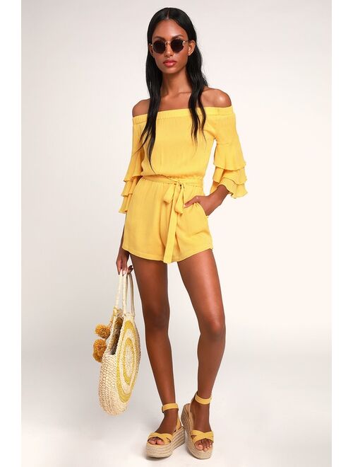 Lulus Santa Ana Yellow Off-the-Shoulder Flounce Sleeve Romper