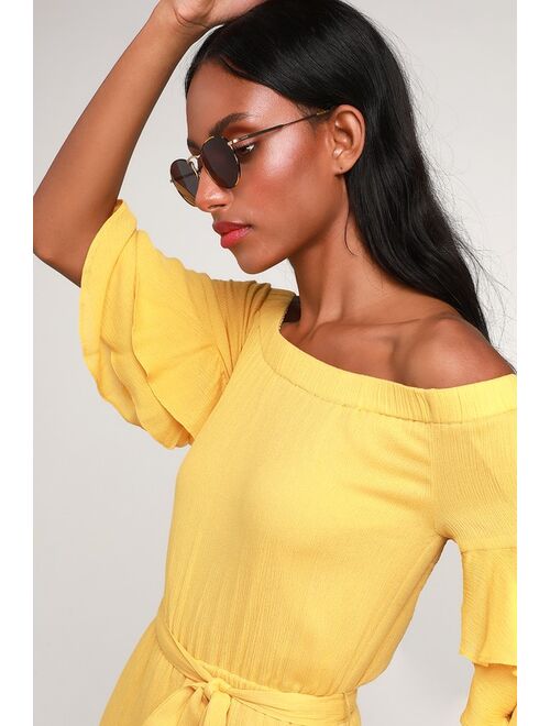 Lulus Santa Ana Yellow Off-the-Shoulder Flounce Sleeve Romper