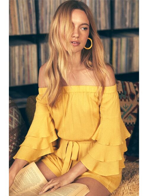 Lulus Santa Ana Yellow Off-the-Shoulder Flounce Sleeve Romper