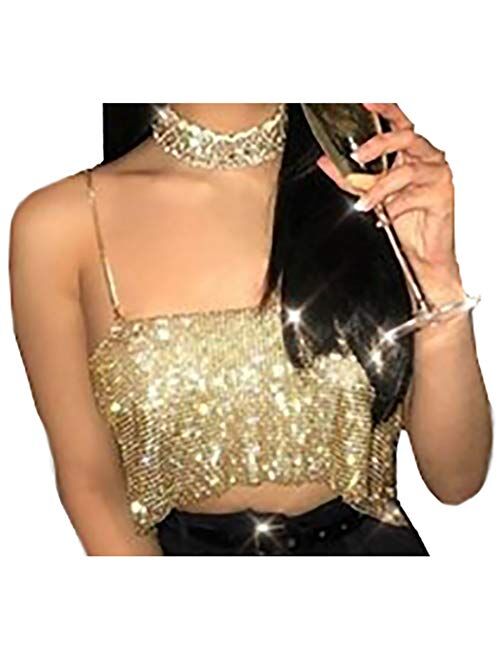 Fstrend Sequins Body Chains Glitter Metal Sexy Shiny Tank Strap Crop Top Vest Clubwear Bikini Dancing Shirts Fashion Nightclub Jewery Accessories for Women and Girls