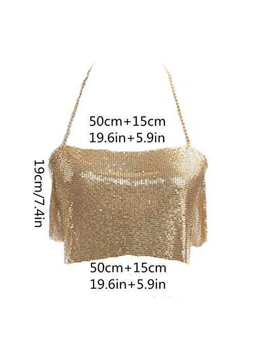 Fstrend Sequins Body Chains Glitter Metal Sexy Shiny Tank Strap Crop Top Vest Clubwear Bikini Dancing Shirts Fashion Nightclub Jewery Accessories for Women and Girls