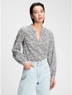 Printed Deep V Neck Shirred Popover Top