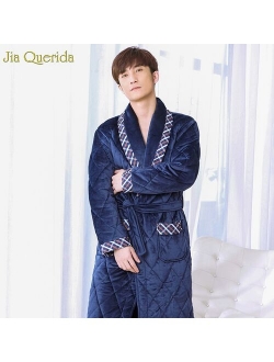 Men's Robe Velvet 3 Layer Padded Long Sleeves Embossing Pattern Luxury Home Nightgown Bathrobes Royalblue Men Kimono Winter New