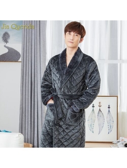 Men's Robe Velvet 3 Layer Padded Long Sleeves Embossing Pattern Luxury Home Nightgown Bathrobes Royalblue Men Kimono Winter New