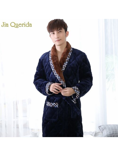 Men's Robe Velvet 3 Layer Padded Long Sleeves Embossing Pattern Luxury Home Nightgown Bathrobes Royalblue Men Kimono Winter New