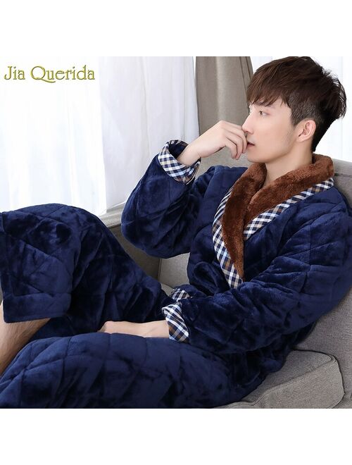 Men's Robe Velvet 3 Layer Padded Long Sleeves Embossing Pattern Luxury Home Nightgown Bathrobes Royalblue Men Kimono Winter New