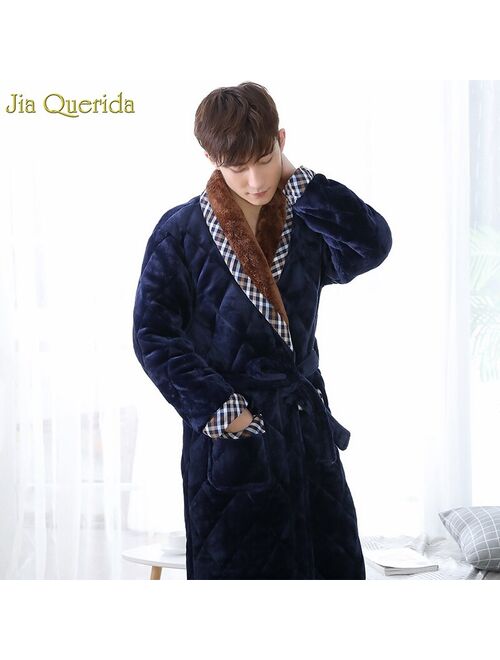 Men's Robe Velvet 3 Layer Padded Long Sleeves Embossing Pattern Luxury Home Nightgown Bathrobes Royalblue Men Kimono Winter New