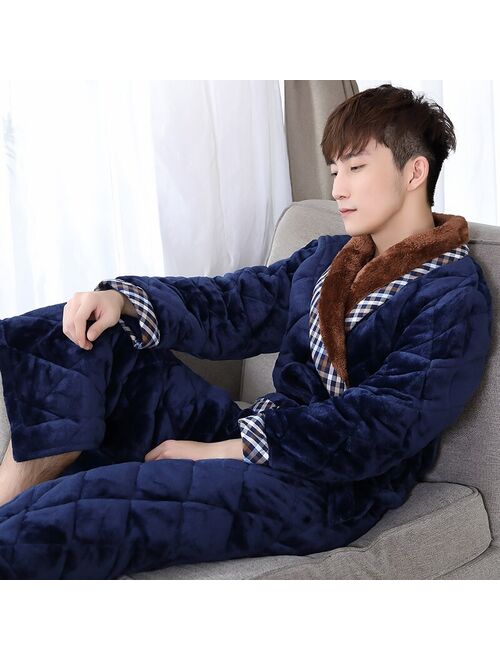 Men's Robe Velvet 3 Layer Padded Long Sleeves Embossing Pattern Luxury Home Nightgown Bathrobes Royalblue Men Kimono Winter New