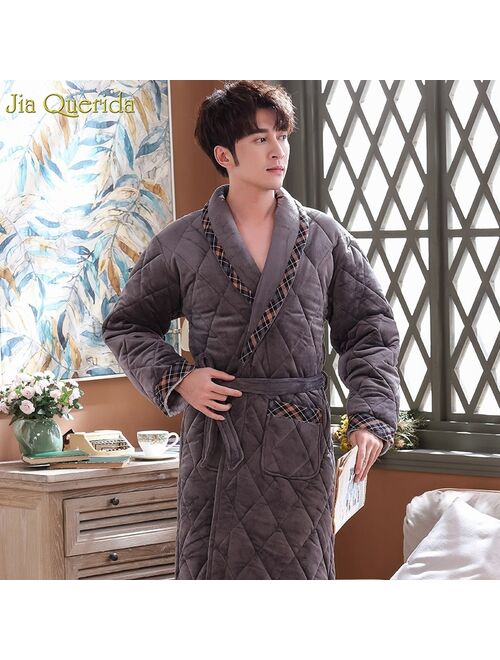 Men's Robe Velvet 3 Layer Padded Long Sleeves Embossing Pattern Luxury Home Nightgown Bathrobes Royalblue Men Kimono Winter New