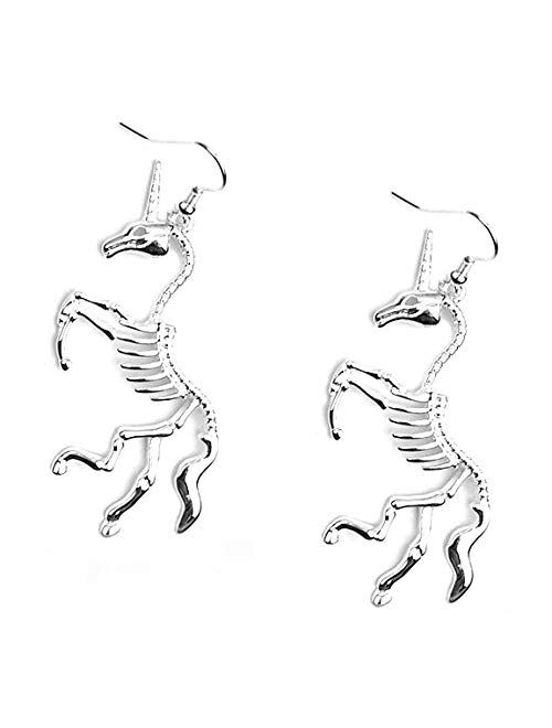 Silver Unicorn Skeleton Drop Earrings [Goth, Fantasy]